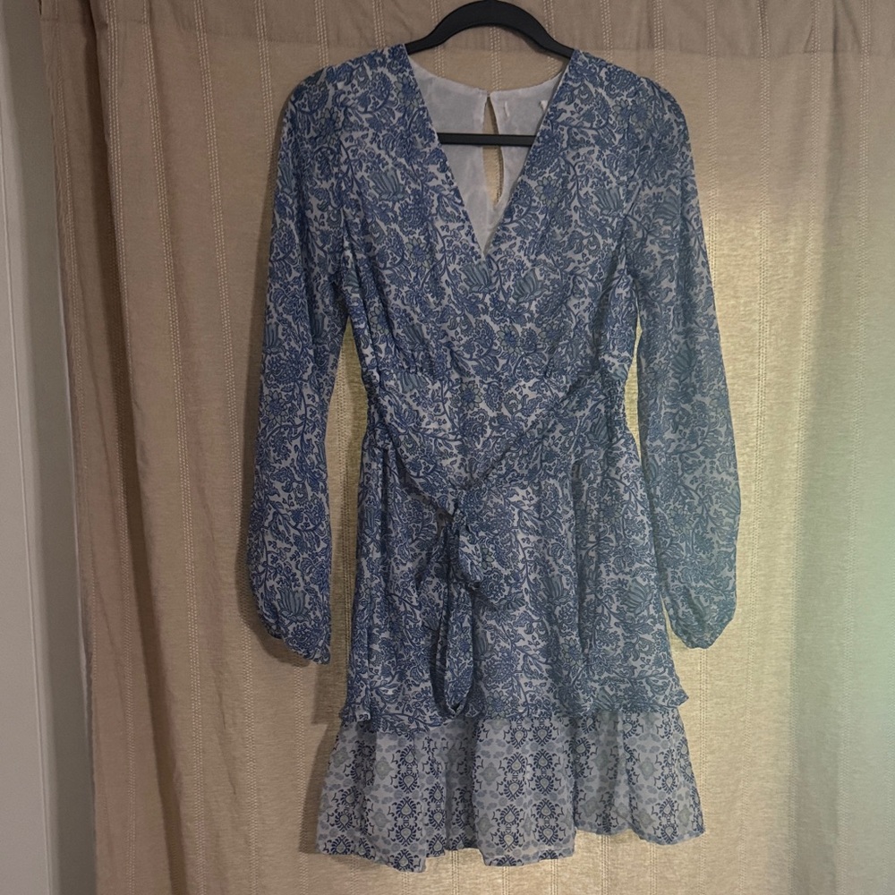Blue Floral Wrap V-Neck Long Sleeve Dress